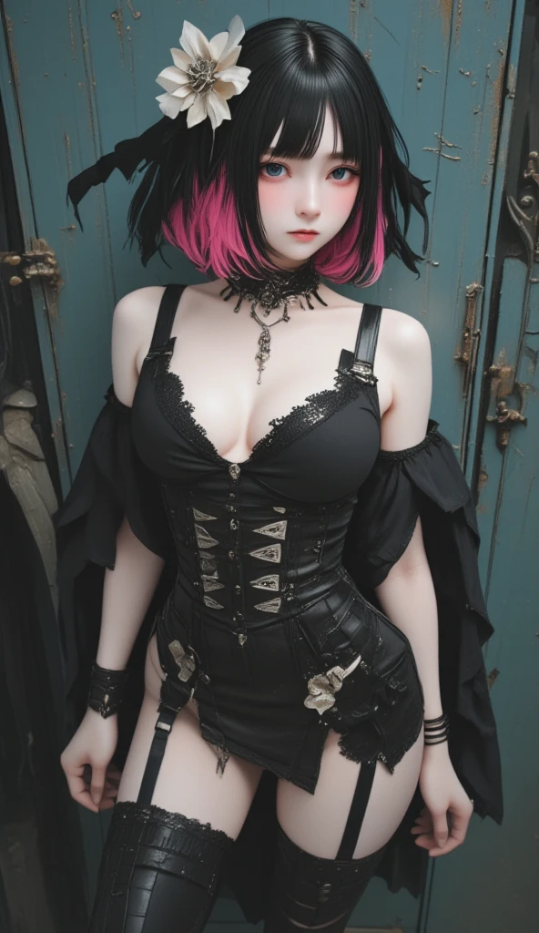  full body angle、Sexy slim gothic girl, Square Hairstyles, Pink and black hair、medium breast、Large hair ornament、  ribbon hair ornament、small nose