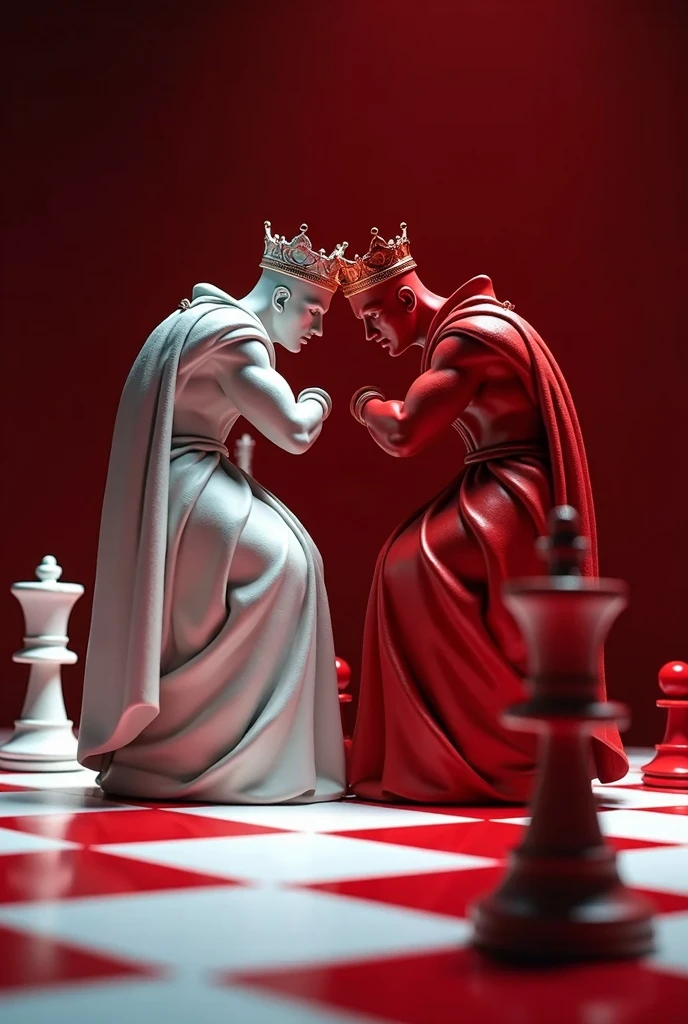 make a picture of red and white chessboard on which king is destroying other king in matt...POV from higher angle