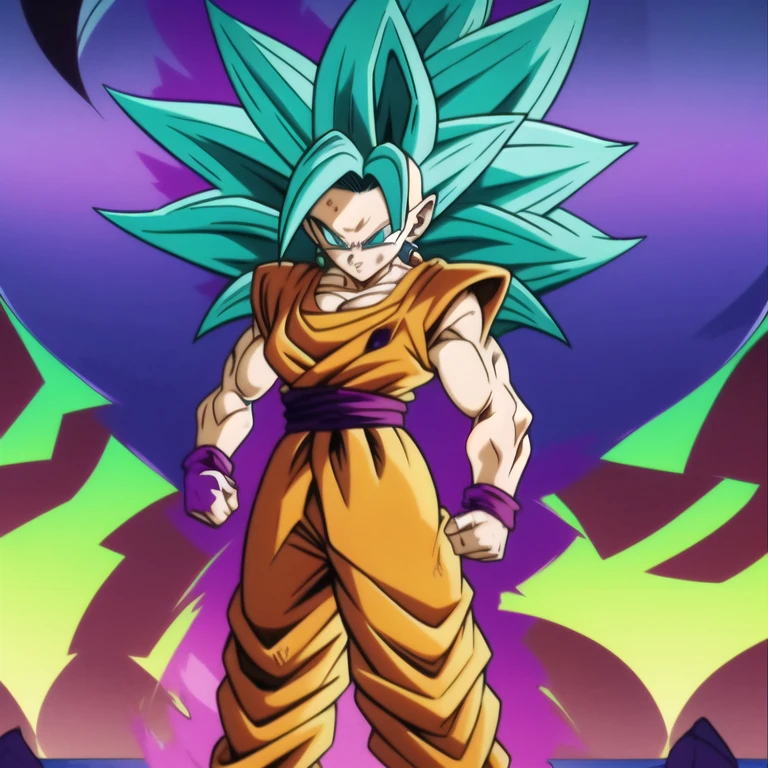 dbsuper style, 
Girl, green aura, super saiyan aura, belt, ocean-green colored hair, huge hair, bruise, bruise on face, clenched hands, frown, Mage's hat, gloves, blue eyes, grey gloves, evil grin, medium breasts, huge muscular, solo, spiked hair, super saiyan, super saiyan 4, mouth opened, furious,  Supreme Kai clothes, widow's preak
, ((masterpiece)) 
