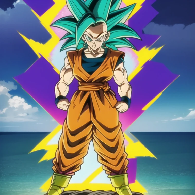 dbsuper style, 
Girl, green aura, super saiyan aura, belt, ocean-green colored hair, huge hair, bruise, bruise on face, clenched hands, frown, Mage's hat, gloves, blue eyes, grey gloves, evil grin, medium breasts, huge muscular, solo, spiked hair, super saiyan, super saiyan 4, mouth opened, furious,  Supreme Kai clothes, widow's preak
, ((masterpiece)) 
