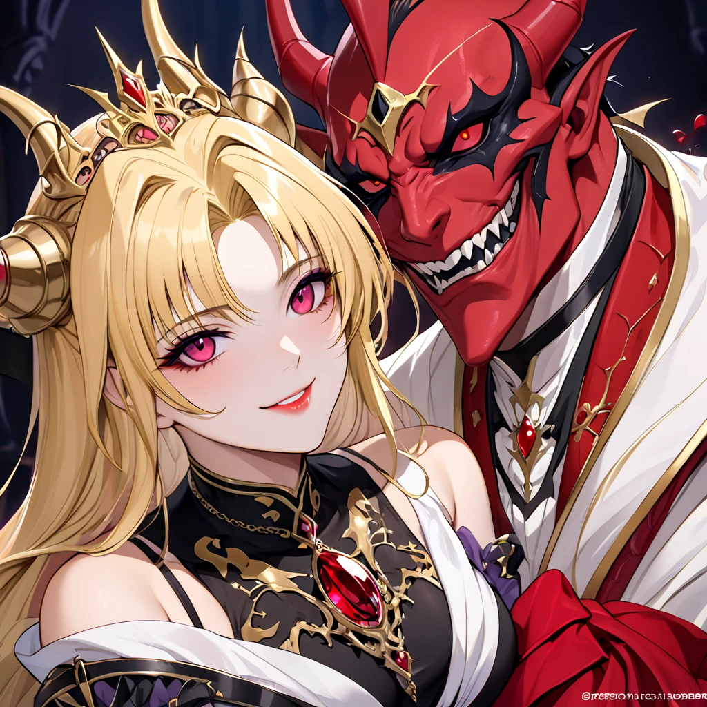 The pregnant woman who became a devil as a wife to the ugly demon king of the alien demon is the beautiful devil's blonde Fate Testarossa, smiles gently on her beloved husband, wears the gorgeous evil demon queen dressed with gorgeous jewelry accessories, and is always snuggling up and loving the ugly devil of the heteromorphic king as the wife of the demon king of the demon king, and is in love with the evil demon of the alien demon Love to After that, the woman becomes Princess Daima, the wife of the Great Devil forever, and the Devil's Daimao and Queen Daima are born who love each other、(( best quality)), ((masterpiece)), ( Details), （ perfect face）,The woman is a blond Fate Testarossa with outstanding proportions, is the devil's possession, and is a symbol of devil worship as the devil's virgin, and is beautifully decorated, loved and worshipped by demons, giving hope to humans and despair 、The woman who became a demon as a wife to the demon queen of the great devil 