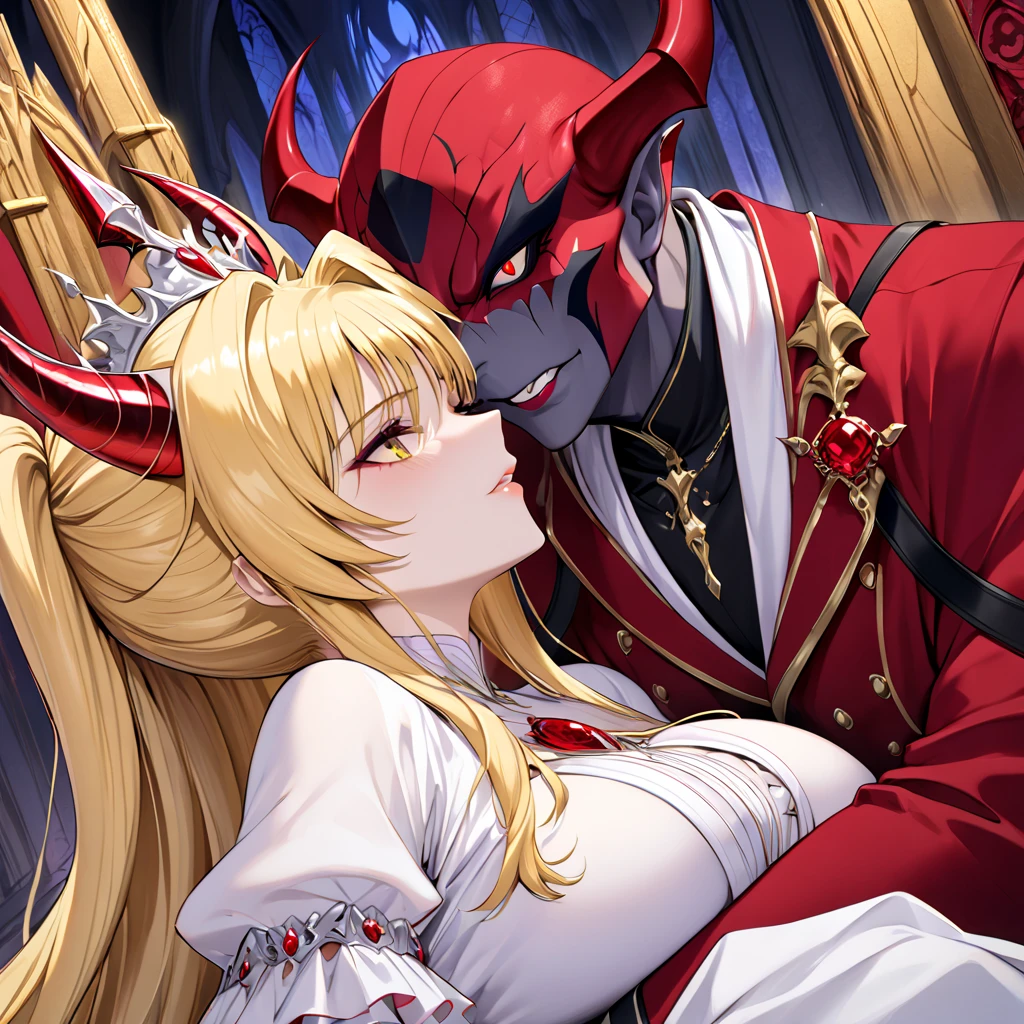 The pregnant woman who became a demon as a wife to the ugly demon king of the alien archdemon is the beautiful devil's blonde Fate Testarossa, is kind to her beloved husband, wears a gorgeous devil dress from Queen Daima, always snuggles up and loves the ugly demon of the atypical king as Daimao's wife, and is an evil person on the altar of the demon of the devil's temple, is hugged and kissed by the demon of the alien demon king Become a princess The birth of Daimao and Queen Daima, who love each other、(( best quality)), ((masterpiece)), ( Details), （ perfect face）,The woman is a blond Fate Testarossa with outstanding proportions, is the devil's possession, and is a symbol of devil worship as the devil's virgin, and is beautifully decorated, loved and worshipped by demons, giving hope to humans and despair 、The woman who became a demon as a wife to the demon queen of the great devil 