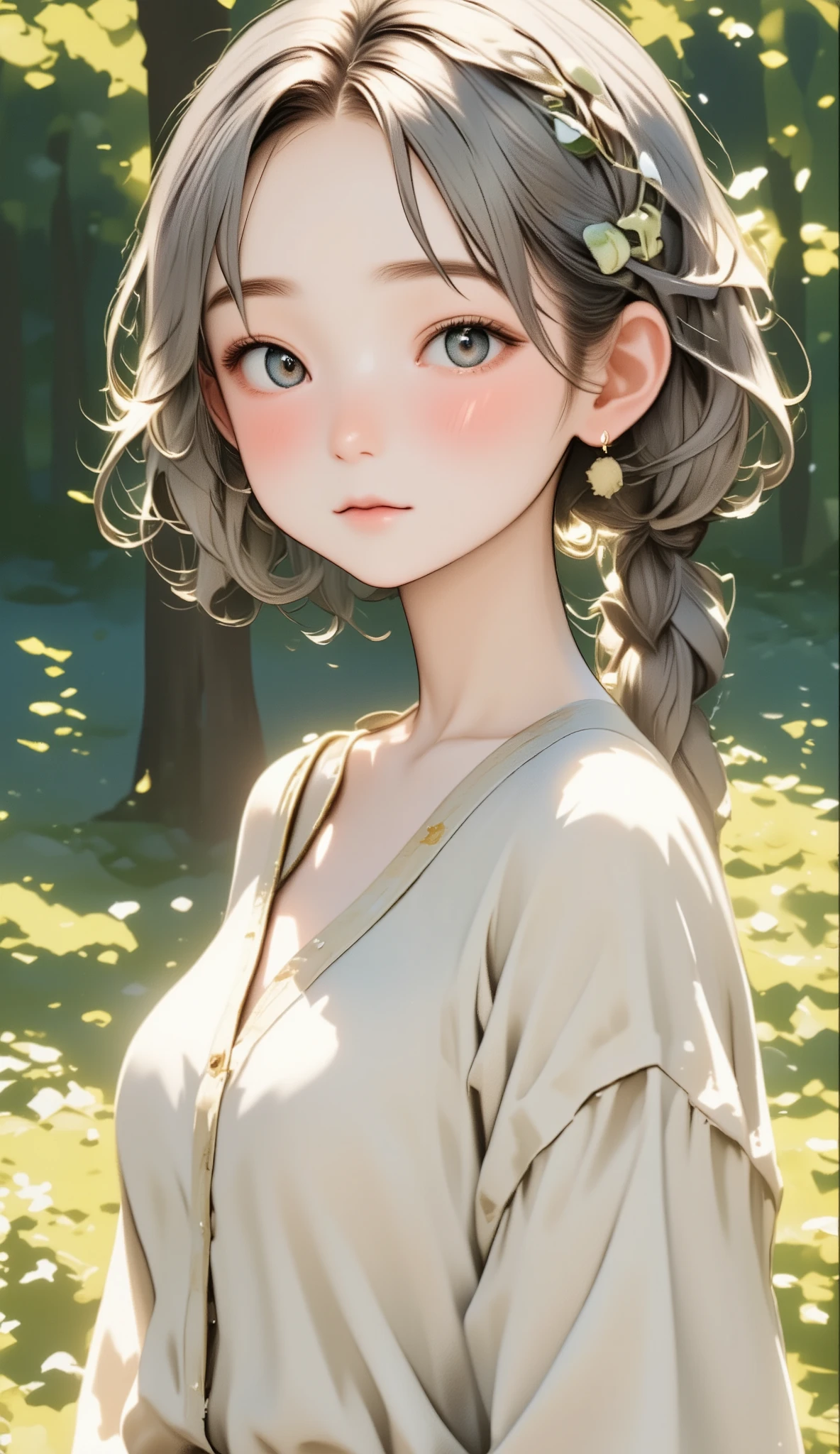  one girl who is at ease、 cute face、small nose、Cheeks and nose are slightly red、 French braid、Grey Hair、  Grey Eyes 、Natural color tunic、perfect anatomy、 cowboy shot、 small breasts、、 upper body above the knee 、