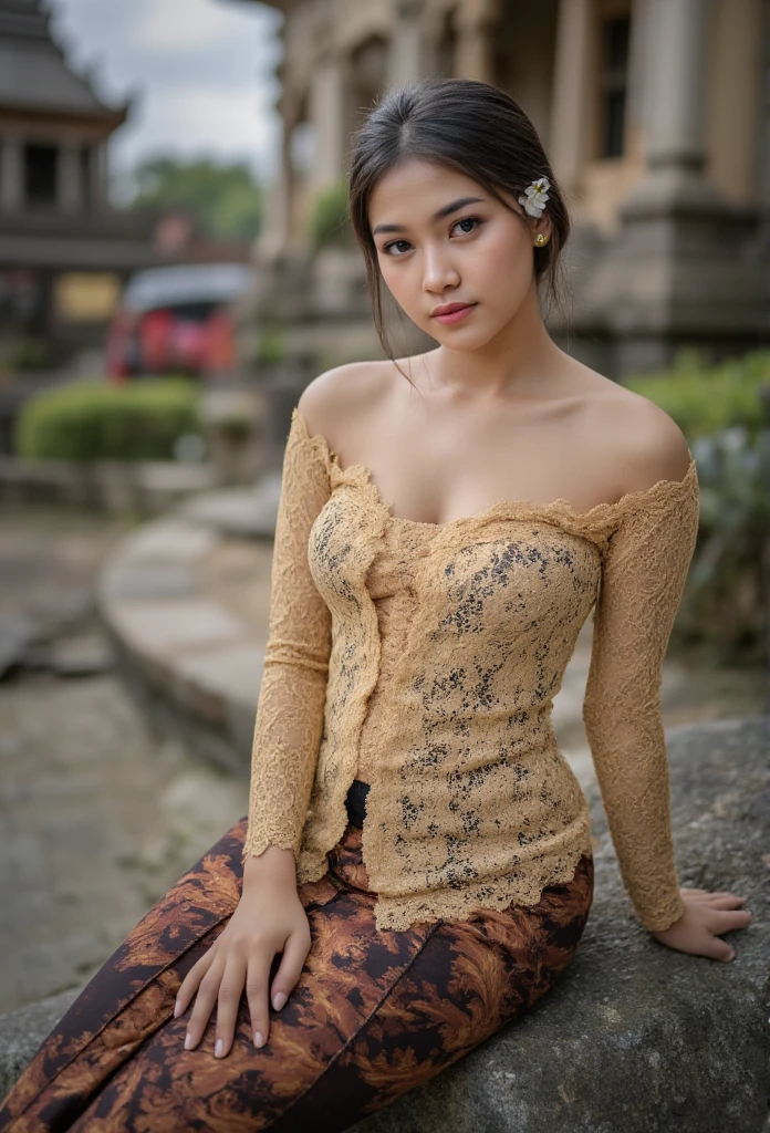 a beautiful Indonesian woman wearing hijab with sexy curvy body and big breast, mini jasmine flower on her hijab, longsleeve unbuttoned kebaya, sitting on the rock infront of hindu temple as background details. look at the viewer, natural light realistic photography, wide angle shot,