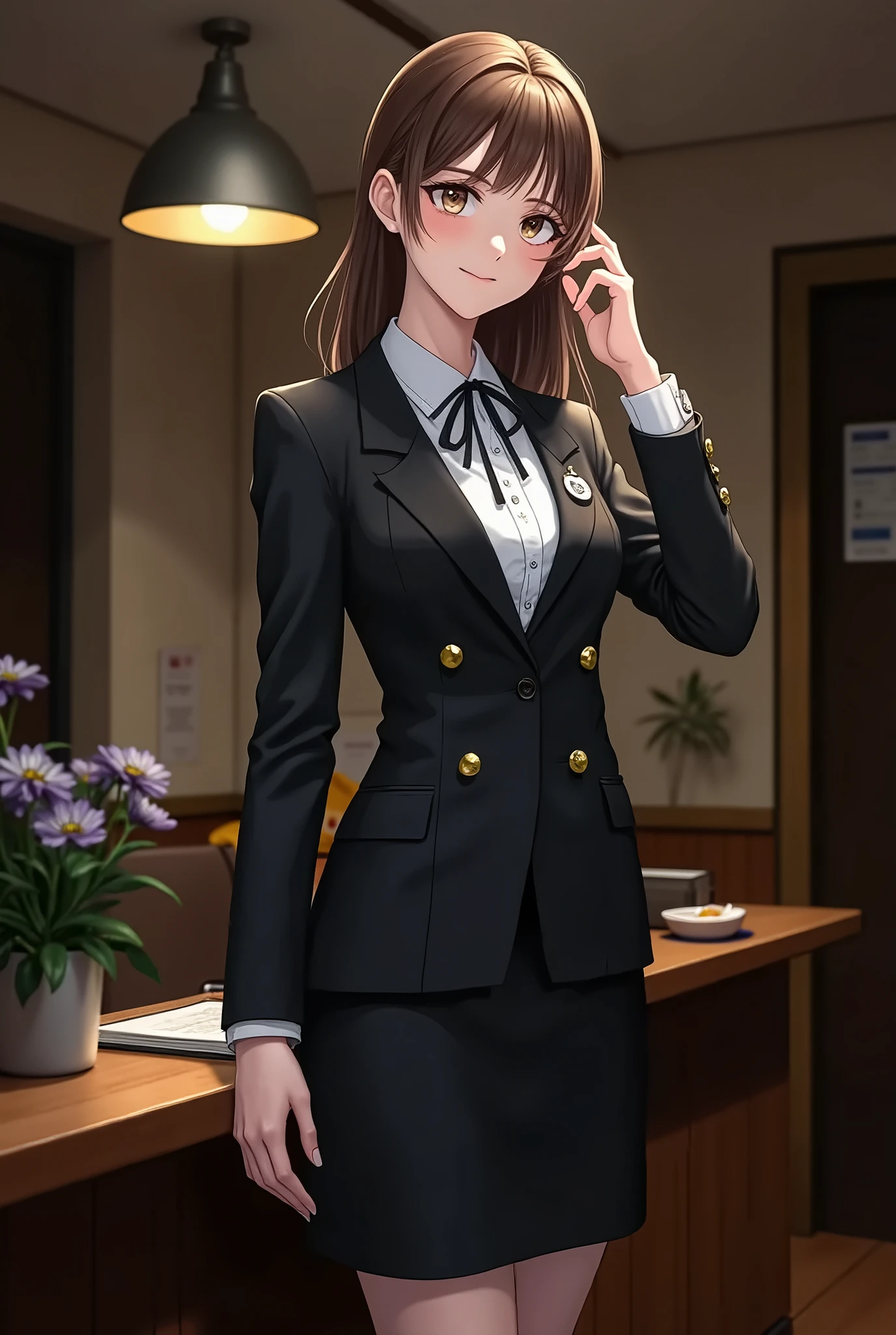 (nsfw:1.5),( loss of appetite at the reception center, slender body :1.4), ((masterpiece, best quality, 8k, RAW photo, Realistic, Ultra High Definition)), 1 girl, ( the face of Japan :1.4), 2, Big smile:1.5, perfect cute face at the reception center :1.4, well-prepared face, perfect body for a lawn:1.4, lots of dark brown hair :1.4, natural makeup, ( double eyelids, full body shot , Polite standing:1.3, beautiful legs:1.3, Receptionist:1.4), (( black dress, Long Sleeve , Black High Heels )), (At the reception center:1.5)
