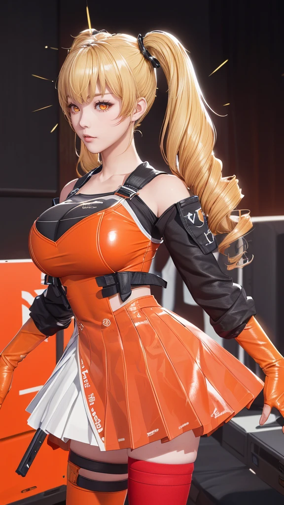 (（（figure，御姐figure,White and tender skin,（（（FenNib , long_sleeves_skirt, red_single_thighhigh, thigh_holster, elbow_gloves, strap, ）））,(（（twintails, Blonde_hair, orange_eyes,））),，((masterpiece)), highres icon,((Best quality at best)),masterpiece,quality,Best quality,(（（  is open to the audience，Light in the eyes）））， huge ，）））