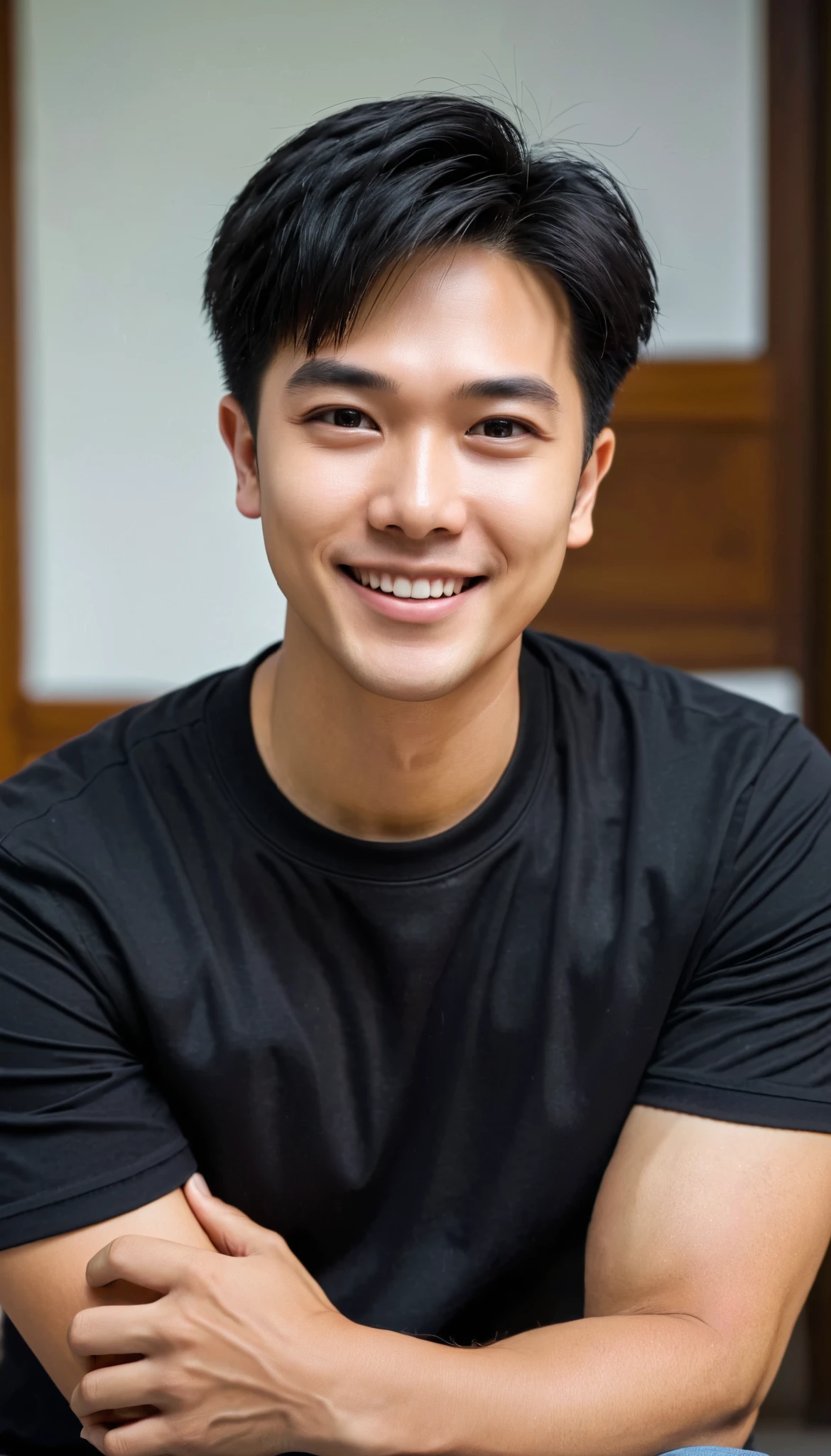 1boy, orimale ,Orimura, black_eyes, black_hair, male_focus  ,  bright eyes  , Short Hairstyle , Asian man smiling, fine smooth skin, handsome white skin ,Have muscles,  wearing a black short-sleeved T-shirt , , round neck, no logo, and jeans.. 