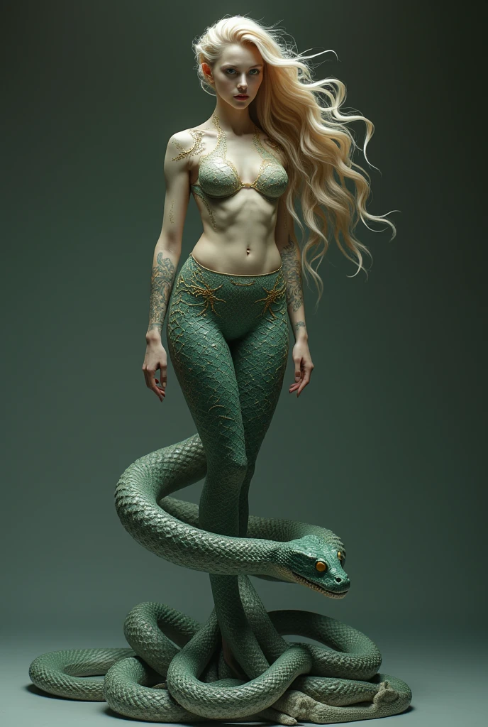 ((masterpiece,best quality,Ultra-clear,original photo,Extremely detailed CG,8K)),Lamia,(Slender snake tail:1.3),Beautiful elf girl,long green hair,exquisite eyes,Detailed face,Detailed hands,Smooth and delicate skin,skin glow,(Big breasts and thin waist),beautiful snake scales,High resolution,(super detailed:1.4),(lifelike:1.2),witch,imagine,full-body shot