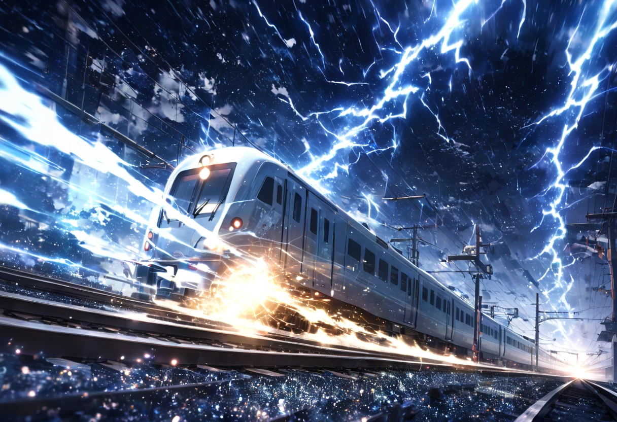 A train that transcends time and space ,  Run on rails formed by Particle Light(( motion blur:2.0 , Blue Lightning Effects :1.5 ,  Blue Particle Light Filter Effects :1.5 , backgroundぼかし)) , background:A warped world of space-time  , Dark blue bullet train 