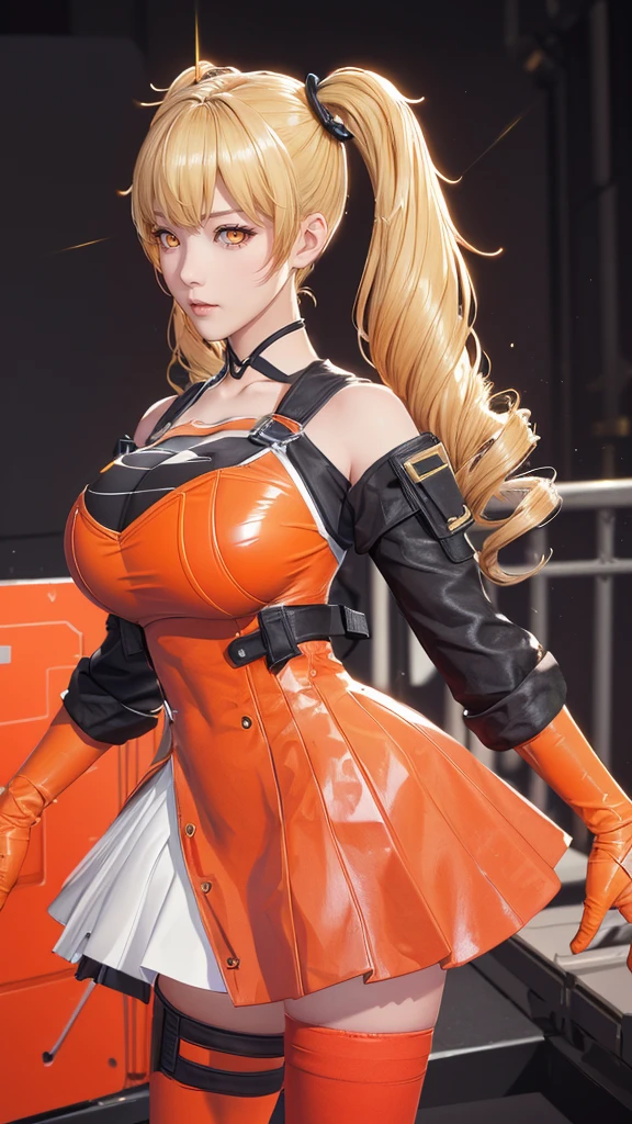 (（（figure，御姐figure,White and tender skin,（（（FenNib , long_sleeves_skirt, red_single_thighhigh, thigh_holster, elbow_gloves, strap, ）））,(（（twintails, Blonde_hair, orange_eyes,））),，((masterpiece)), highres icon,((Best quality at best)),masterpiece,quality,Best quality,(（（  is open to the audience，Light in the eyes）））， huge ，）））