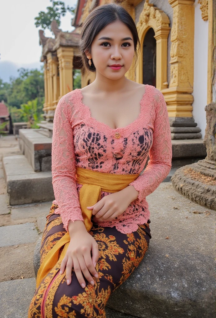 a beautiful Indonesian hijab woman with sexy curvy body and big breast wearing longsleeve unbuttoned kebaya, full hijab, sitting on the rock infront of hindu temple as background details. look at the viewer, natural light realistic photography, wide angle shot,