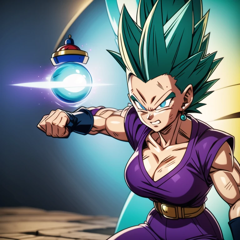 dbsuper style, 
Girl, green aura, super saiyan aura, belt, ocean-green colored hair, huge hair, bruise, bruise on face, clenched hands, frown, Mage's hat, gloves, blue eyes, grey gloves, evil grin, medium breasts, huge muscular, solo, spiked hair, super saiyan, super saiyan 4, mouth opened, furious,  Supreme Kai clothes, widow's preak
, ((masterpiece)) 
