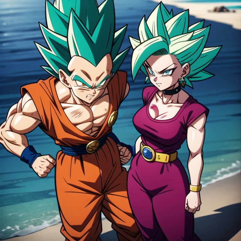 dbsuper style, 
Girl, green aura, super saiyan aura, belt, ocean-green colored hair, huge hair, bruise, bruise on face, clenched hands, frown, Mage's hat, gloves, blue eyes, grey gloves, evil grin, medium breasts, huge muscular, solo, spiked hair, super saiyan, super saiyan 4, mouth opened, furious,  Supreme Kai clothes, widow's preak
, ((masterpiece)) 
