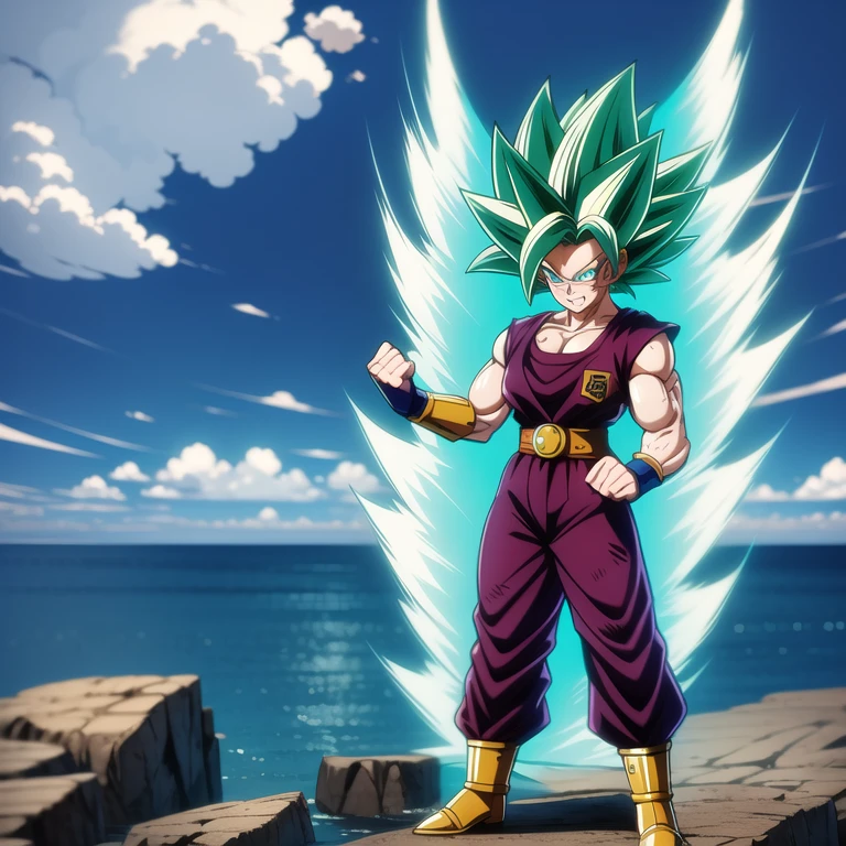 dbsuper style, 
Girl, green aura, super saiyan aura, belt, ocean-green colored hair, huge hair, bruise, bruise on face, clenched hands, frown, Mage's hat, gloves, blue eyes, grey gloves, evil grin, medium breasts, huge muscular, solo, spiked hair, super saiyan, super saiyan 4, mouth opened, furious,  Supreme Kai clothes, widow's preak
, ((masterpiece)) 
