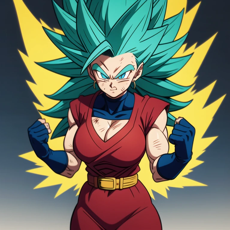 dbsuper style, 
Girl, green aura, super saiyan aura, belt, ocean-green colored hair, huge hair, bruise, bruise on face, clenched hands, frown, Mage's hat, gloves, blue eyes, grey gloves, evil grin, medium breasts, huge muscular, solo, spiked hair, super saiyan, super saiyan 4, mouth opened, furious,  Supreme Kai clothes, widow's preak
, ((masterpiece)) 
