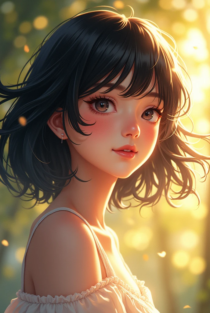 (Masterpiece), (Best Quality), (Super Detail), (disheveled Hair), (Illustration), (1 Girl), (Interview), (Brief Background), Beautiful Detailed Eyes, Delicate Beautiful Face, Floating, (High Saturation), (Shine), Focus on Face, Black Hair, Bangs, Full Smile, Floating Hair. girl, maiden in love, pixiv illustration, top quality, super detailed, smile, clever, beautiful face, 4K, nature, sunlight through trees,