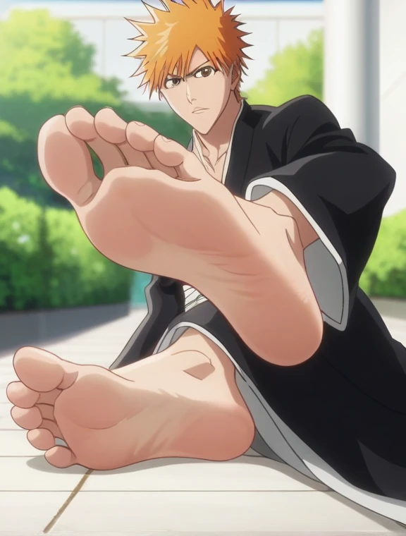 score_9, score_8_up, source_anime,
1boy, Kurosaki Ichigo, bleach, slender, untoned, orange hair, brown eyes, messy hair, loose-fitting black kimono, white inner garment, white obi,  wide and flowing black pants, alone, looking at viewer, sitting on the ground, cowboy shot, ANIME SCREENCAP, anime coloring, in a garden, barefoot, perfect feet, anatomically correct, soles, low angle, focal length 35mm, each foot has five toes, front, symmetrical soles, foot focus, crossed legs