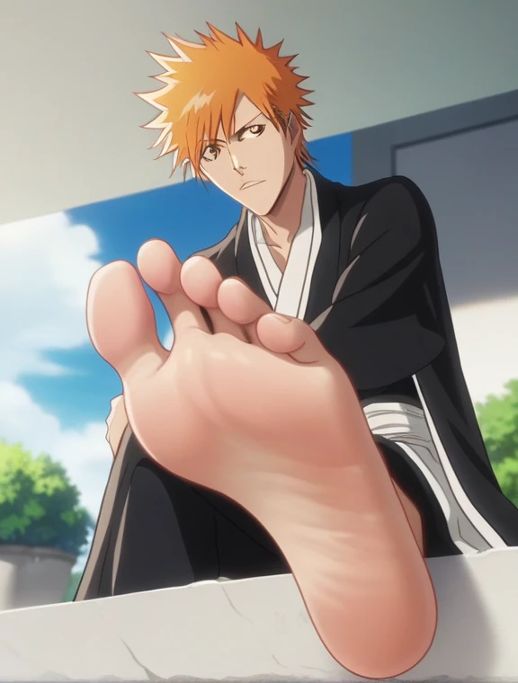 score_9, score_8_up, source_anime,
1boy, Kurosaki Ichigo, bleach, slender, untoned, orange hair, brown eyes, messy hair, loose-fitting black kimono, white inner garment, white obi,  wide and flowing black pants, alone, looking at viewer, sitting on the ground, cowboy shot, ANIME SCREENCAP, anime coloring, in a garden, barefoot, perfect feet, anatomically correct, soles, low angle, focal length 35mm, each foot has five toes, front, symmetrical soles, foot focus, crossed legs