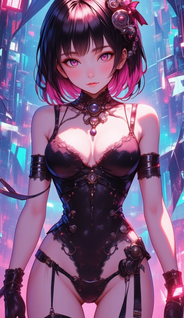  full body angle、Illustration、 anime style、Sexy slim gothic girl, Square Hairstyles, Pink and black hair、medium breast、Large hair ornament、  ribbon hair ornament、small nose