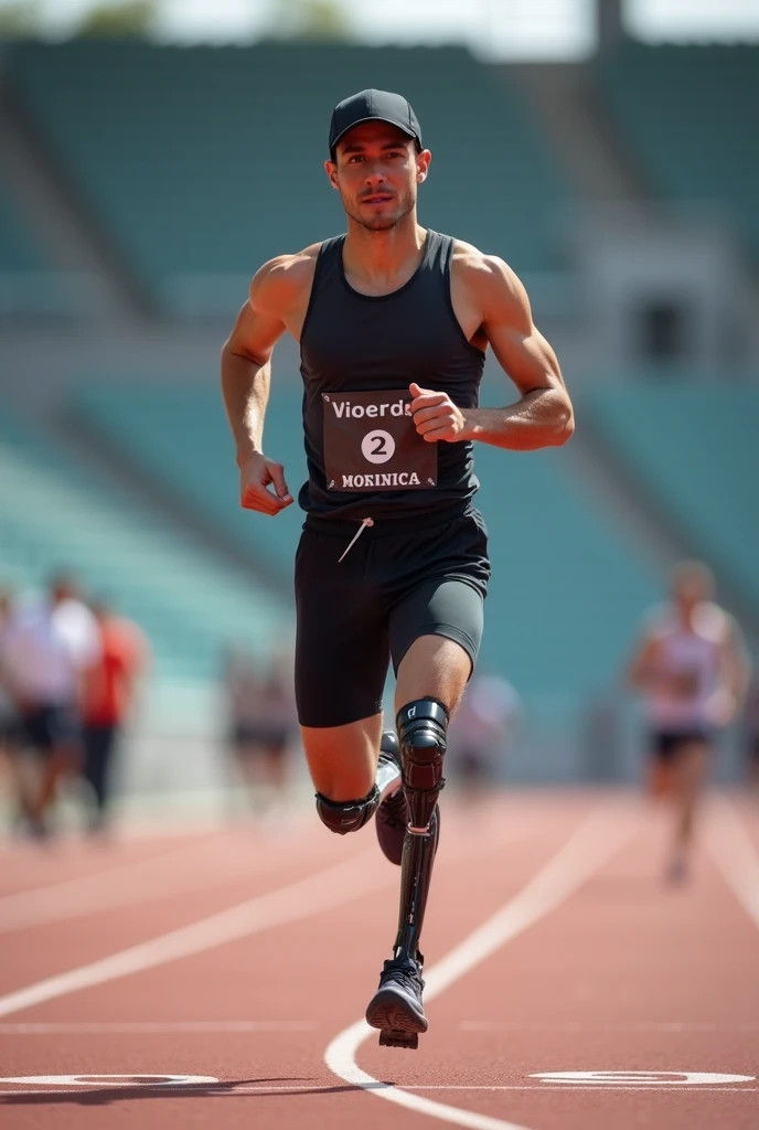 A person with an amputated leg runs with an assistive running device.