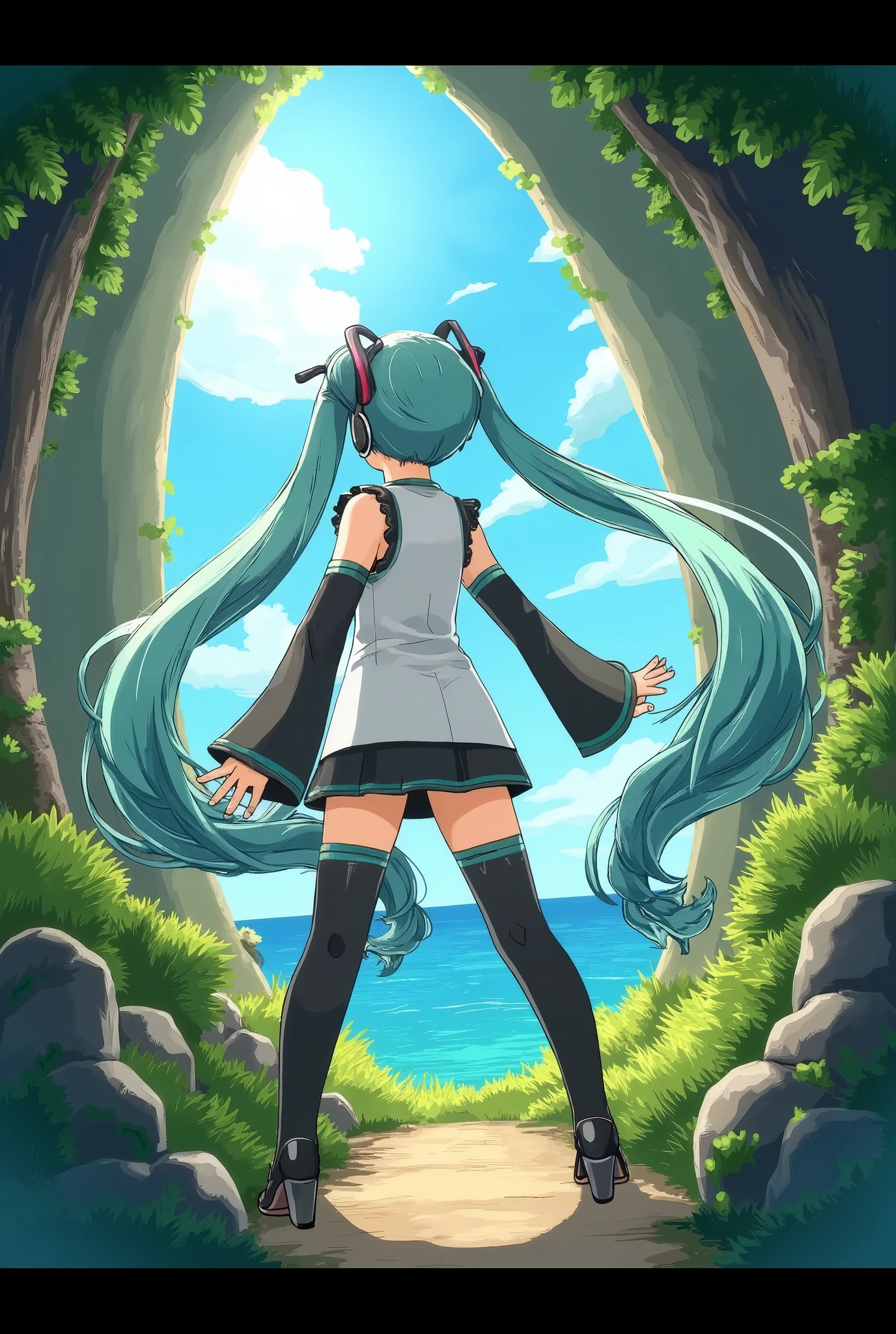 (masterpiece、 best quality、 best quality、 Official Art、 beautiful and beautiful :1.2)、( one girl who is at ease:1.3) Hatsune Miku 、 twin tails, Beautiful breasts,Strong light,  intense contrast , In an open-roofed cave、 sunlight shines through green moss and ferns。,  And open( Sea view:1.1) Next,  cell shading rendering , 4K,  360 degrees,  Cylindrical equilateral diagram , qxj, 