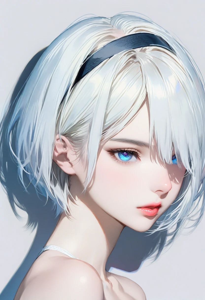 {(masterpiece,best quality, 16K portrait, UHD, extremely detailed the work, detailed beautiful face and eyes and skin and hair)} BREAK {1 adult-woman,(2B of Nier-Automa:1.2), (pale-off-white colored hair:1.4, short cut hair),(very small Almond-shaped eyes:1.2),(attractive blue-gray eyes:1.4),(left-eye hidden by bangs:1.2),(slender body),(medium breasts,cleavage),captivating lips} BREAK {(sensual look:1.2),(looking away)} BREAK {(Nier-Automata-2B costume:1.2),(black hairband:1)} BREAK {(simple background),(background shadow:1.2)} BREAK {upper body,(profile:1.2),cowboy-shot}