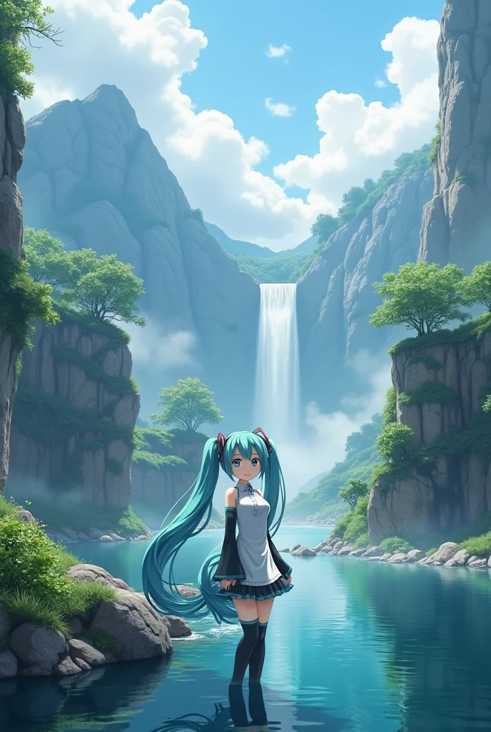 (masterpiece、最 High Quality 、最 High Quality 、 Official Art、 beautiful and beautiful :1.2)、( one girl who is at ease:1.3) Hatsune Miku 、 twin tails, Beautiful breasts,masterpiece, 最 High Quality ,  High Quality ,  very detailedCG unity 8kの壁紙, landscape, Outdoor, null, cloud, null, mountain, landscape, water, tree, blue null, waterfall, cliff, nature, lake, river , cloudy skies,   Award-Winning Photos  , Bokeh,  depth of writing,  high definition , bloom,  Color Difference,  photorealism,  very detailed,  wide angle shot on ,  Photo of,  complicated,  high detail, dramatic, art on the road