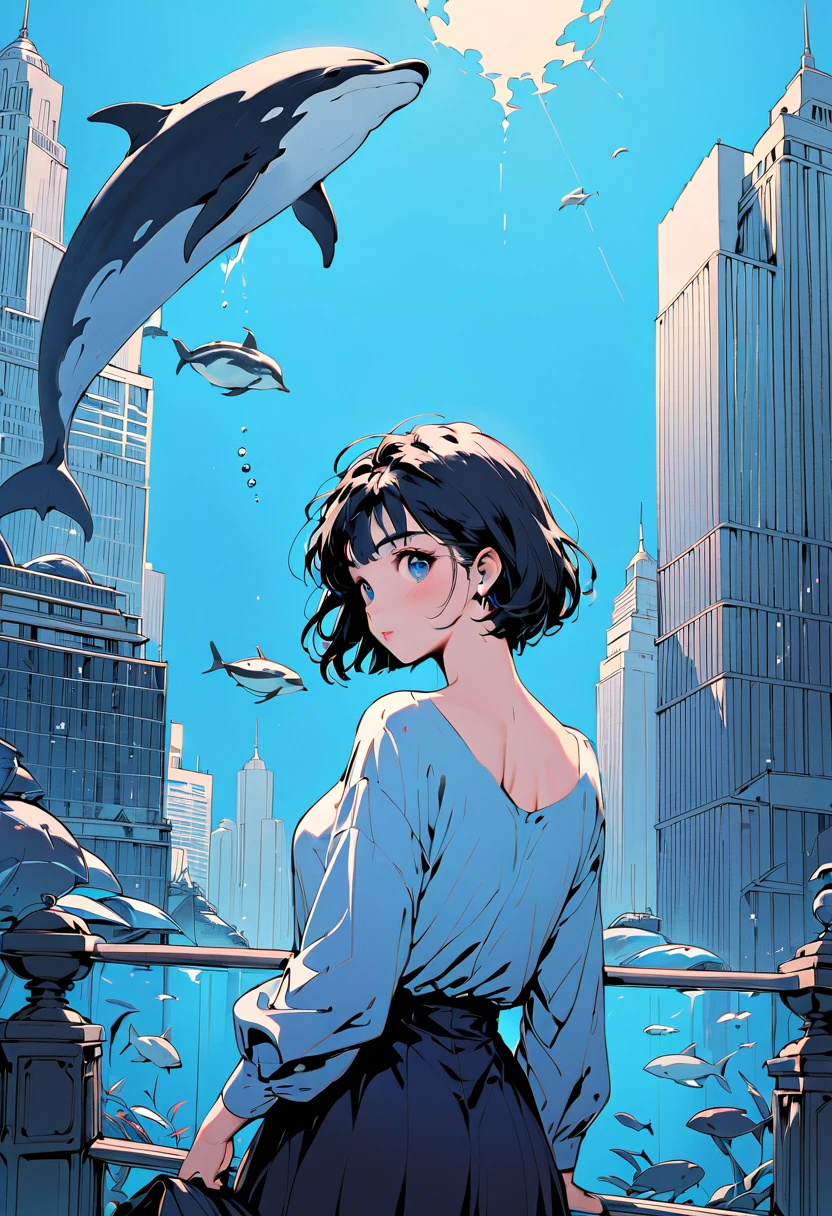 (Masterpiece, BestQuality:1.2),(Masterpiece, BestQuality:1.2),1girl, fish, solo, short-hair, skirt, from behind,whale, building, dolphin, shirt, scenery, black hair, surreal, blue theme, city, aquarium, skyscraper, long sleeves, facing away, bubble,