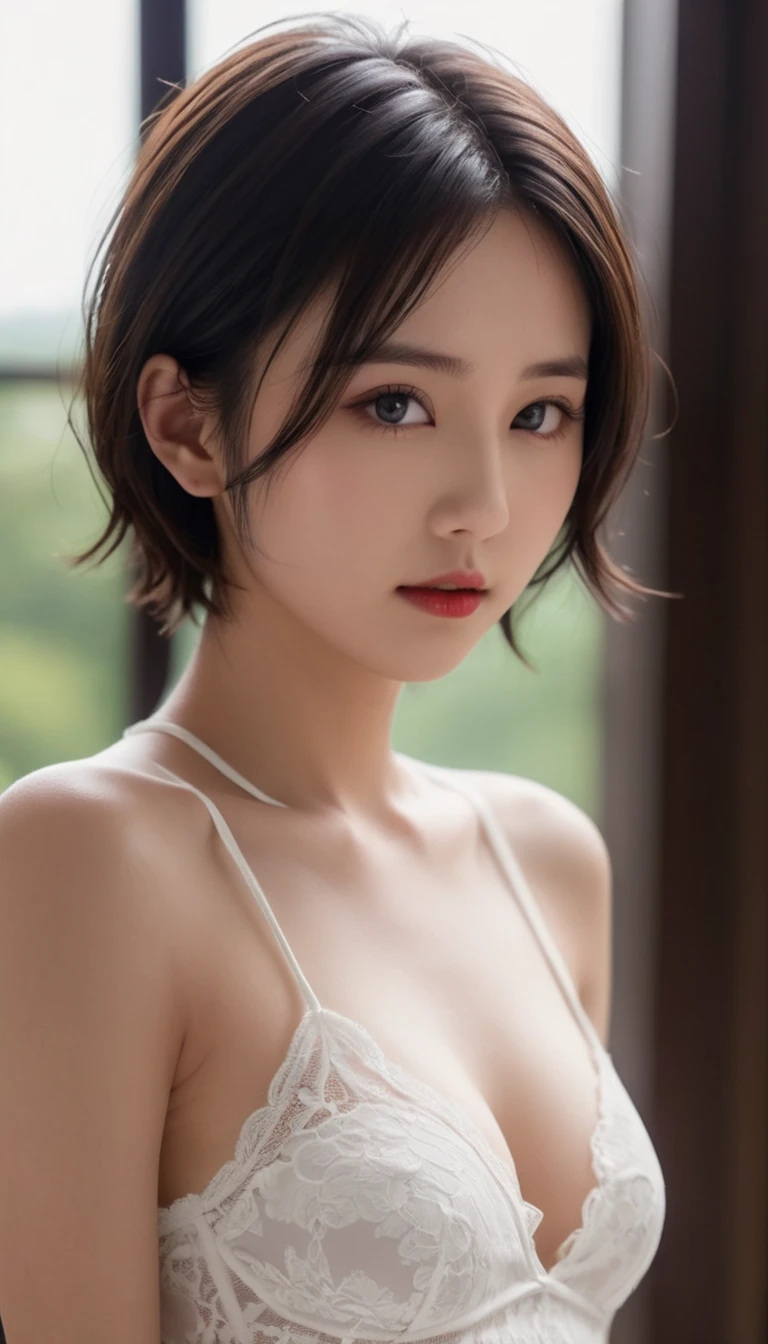 Best quality, masterpiece, ultra high res, (photorealistic:1.5), raw photo, 1girl, offshoulder, in the dark, deep shadow, low key, cold light, sexy look, short hair