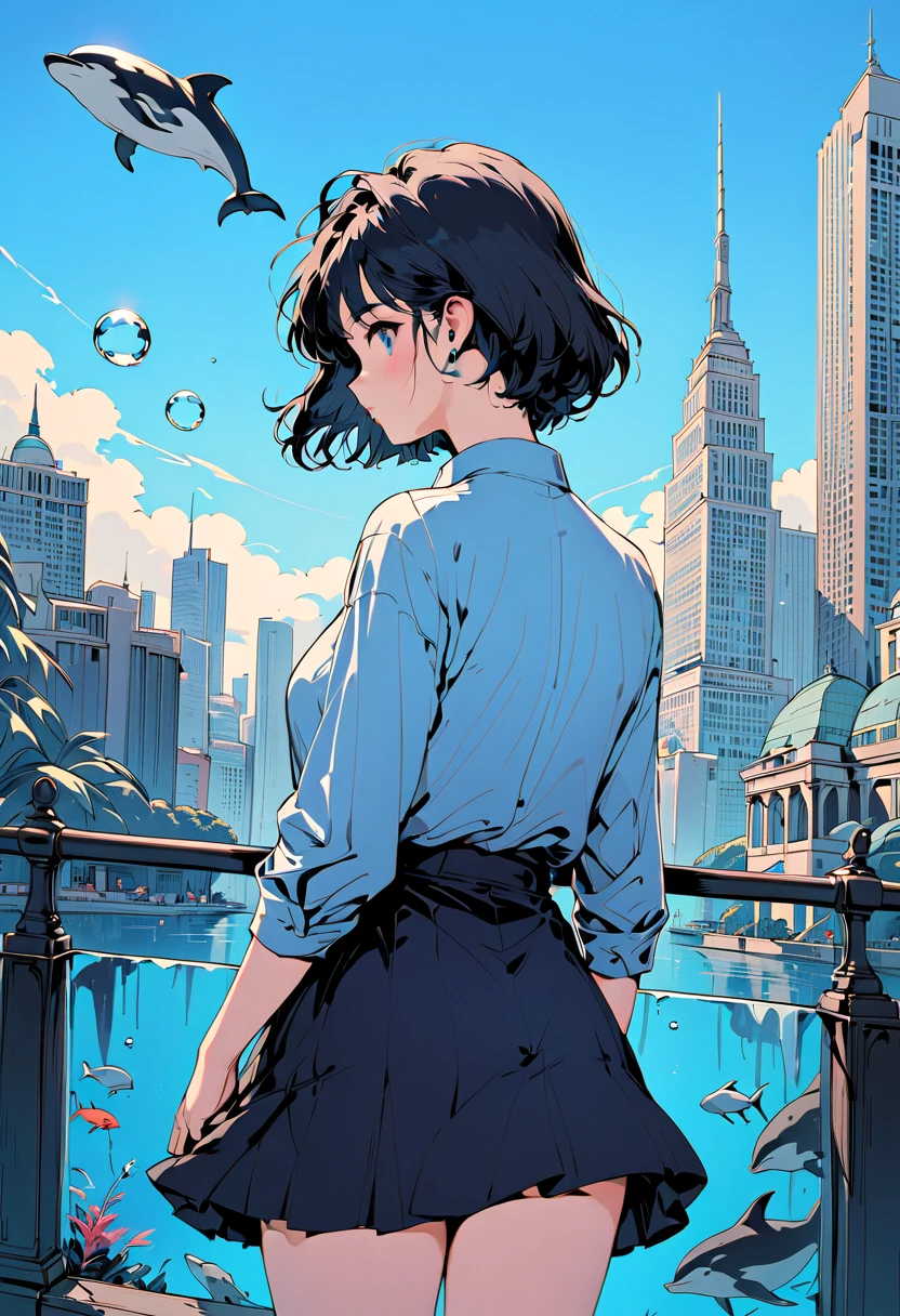 (Masterpiece, BestQuality:1.2),(Masterpiece, BestQuality:1.2),1girl, fish, solo, short-hair, skirt, from behind,whale, building, dolphin, shirt, scenery, black hair, surreal, blue theme, city, aquarium, skyscraper, long sleeves, facing away, bubble,