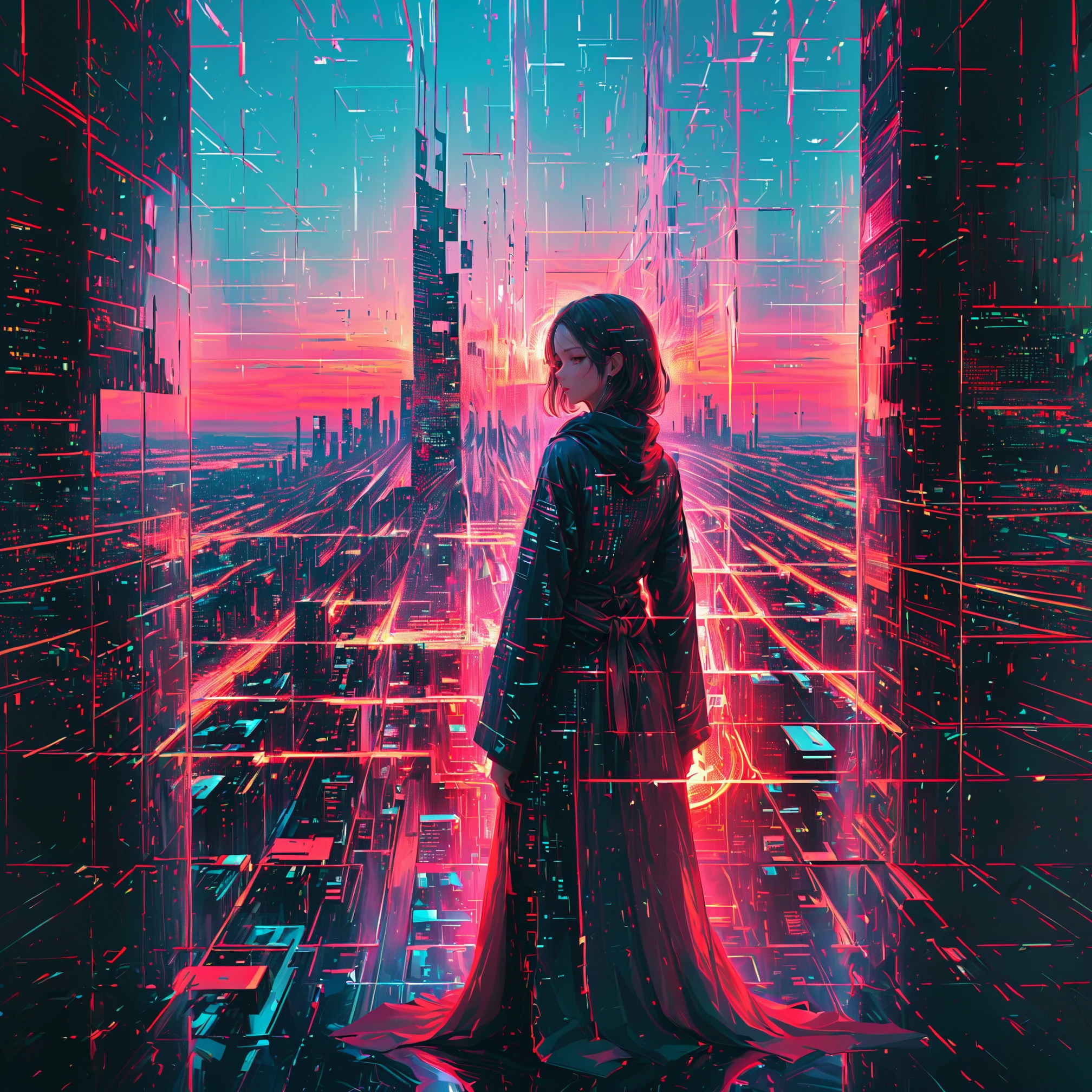 An imposing cyberspace woman warrior, standing amidst a futuristic cityscape dominated by skyscrapers covered in glowing cybernetic data, multimedia graphics, and media. Her eyes gleam like moving stock quotes, filled with numbers, and her loose robe is composed of spiraling encrypted digital symbols, programming language, and data and information streams. In one hand, she holds a large glowing rainbpw orb representing the fantasic digital world, with blue and red languages ââchaotically interacting within it. In the other hand, she holds another orb representing the connectivity between the digital and real worlds. The background is alive with flickering screens, fluctuating code, and skyscrapers bending and shifting as if responding to her will. Her expression is intense and commanding, embodying the volatility and power of the Internet reflected in the shifting lights around her. , darkcore, - SDXL - vanta-black_contrast_V3.0