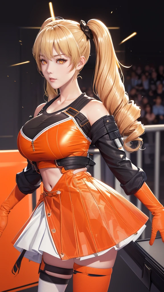 (（（figure，御姐figure,White and tender skin,（（（ orange cardigan jacket ， white navel top ， blue denim shorts around the tail，Little black belt ， Black Stockings  ）））,(（（twintails, Blonde_hair, orange_eyes,））),，((masterpiece)), highres icon,((Best quality at best)),masterpiece,quality,Best quality,(（（  is open to the audience，Light in the eyes）））， huge ，）））