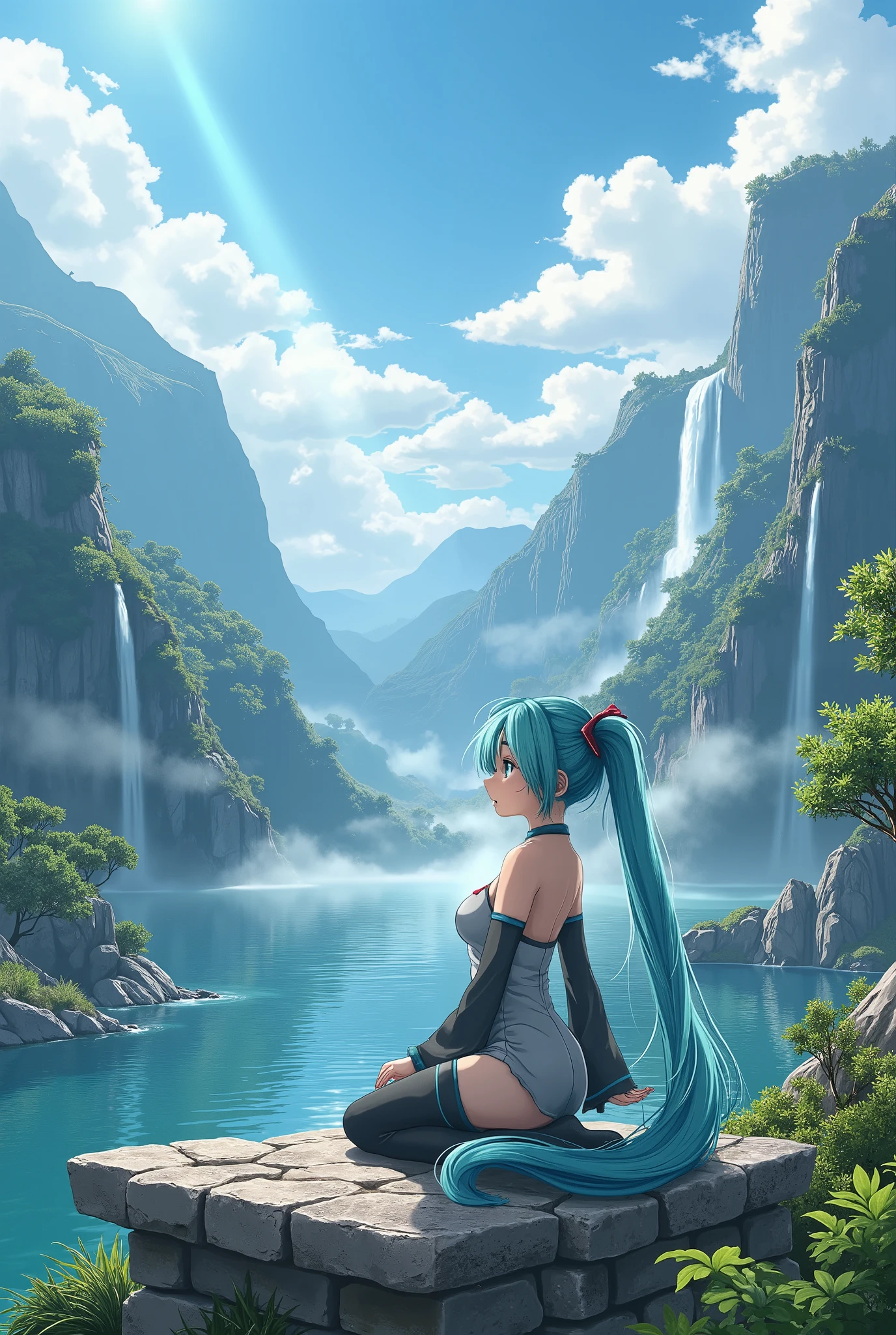 (masterpiece、最 High Quality 、最 High Quality 、 Official Art、 beautiful and beautiful :1.2)、( one girl who is at ease:1.3) Hatsune Miku 、 twin tails, Beautiful breasts,masterpiece, 最 High Quality ,  High Quality ,  very detailedCG unity 8kの壁紙, landscape, Outdoor, null, cloud, null, mountain, landscape, water, tree, blue null, waterfall, cliff, nature, lake, river , cloudy skies,   Award-Winning Photos  , Bokeh,  depth of writing,  high definition , bloom,  Color Difference,  photorealism,  very detailed,  wide angle shot on ,  Photo of,  complicated,  high detail, dramatic, art on the road