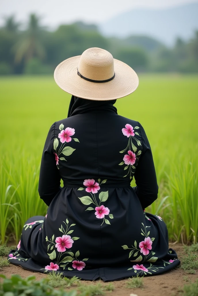 RAW, Best quality, high resolution, work: 1.3), Beautiful Malay woman in hijab (iu:0.8),Malay girl in hijab wearing baju kurung with small flower pattern, back view,looking at the viewer, skin detail, skin texture detail, big breasts, big hips, big waist, big round butt, big thighs, slim belly, beautiful body, morning, laughing, happy, bright lighting, rice fields in the background, village people crowded, blurry background, bokeh,
