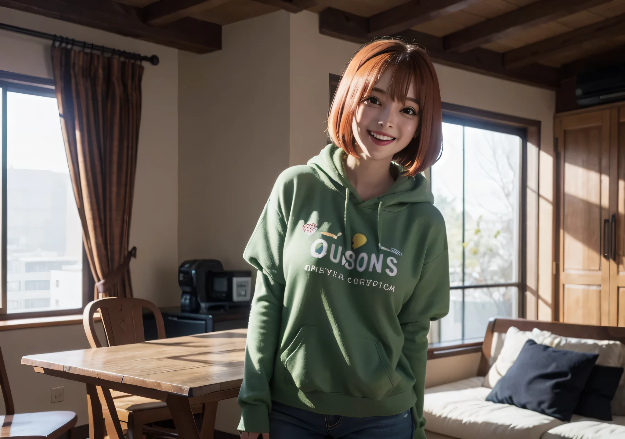 Create a realistic and natural-looking image of Yotsuba Nakano from The Quintessential Quintuplets inside a cozy home. Yotsuba is dressed in a casual, playful outfit, such as a brightly colored t-shirt or hoodie, paired with comfortable shorts or jeans. Her short, bright green hair is messy and tousled, with some strands sticking out playfully. She has a big, cheerful smile, radiating energy and enthusiasm, capturing her fun-loving and carefree personality.