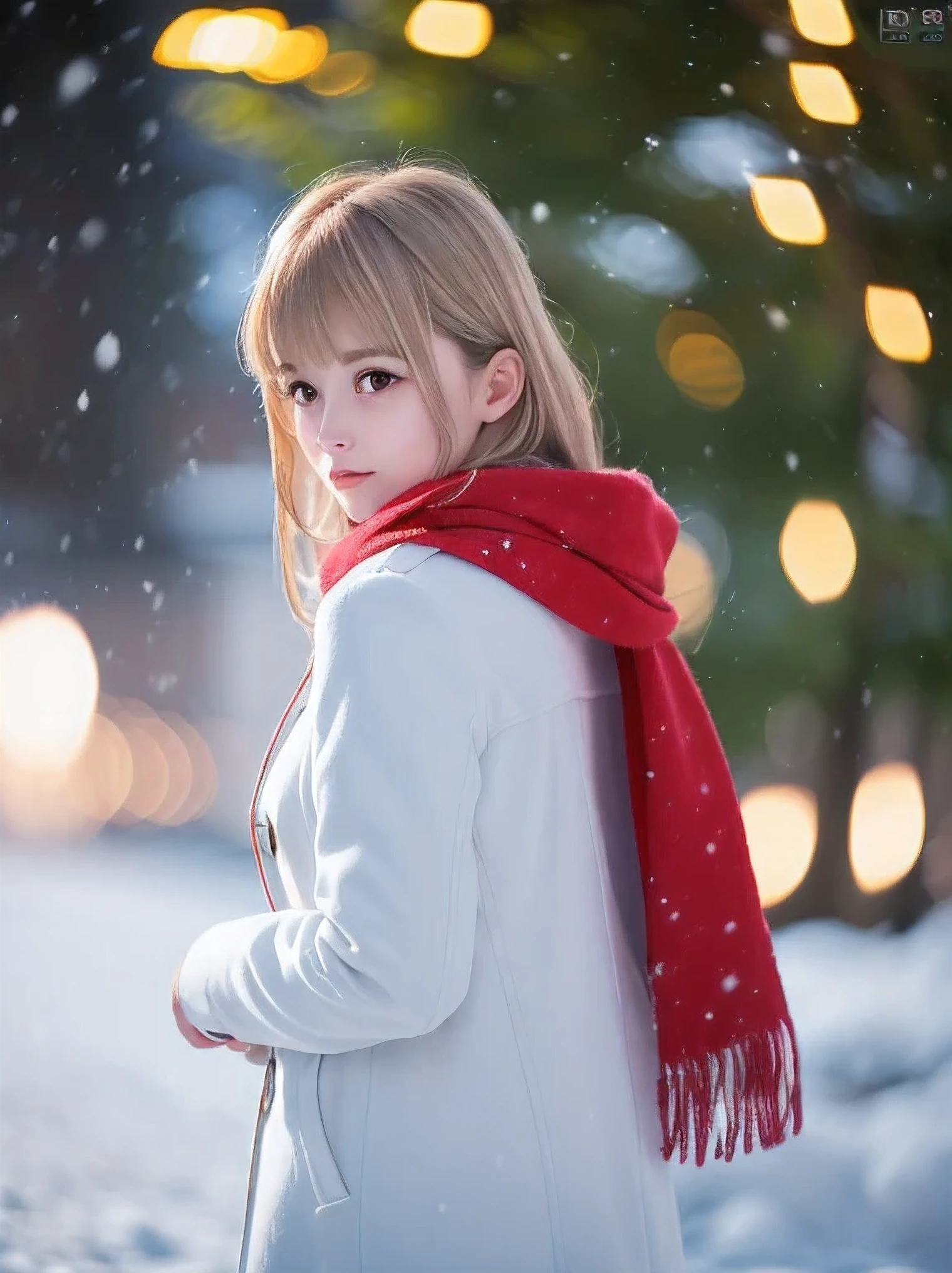 (Close-up face shot of one slender small breasts half up blonde long hair with bangs girl in a winter white long coat and red scarf:1.5)、(One blonde hair girl is looking back with crying face:1.5)、(Very beautiful Christmas illumination night:1.5)、(Heavy snowing night:1.5)、(blurred background:1.5)、(Natural light:1.5)、(8k ultra detailed master piece:1.5)、(perfect anatomy:1.5)、(Photorealistic stick:1.5)、(Raw photo:1.3)、(highest quality:1.5)、(High resolution:1.3)、(Delicate and beautiful perfect face:1.3)、(Delicate and beautiful eye air skin:1.3)、(Real Human Skin:1.3)、((thin legs))