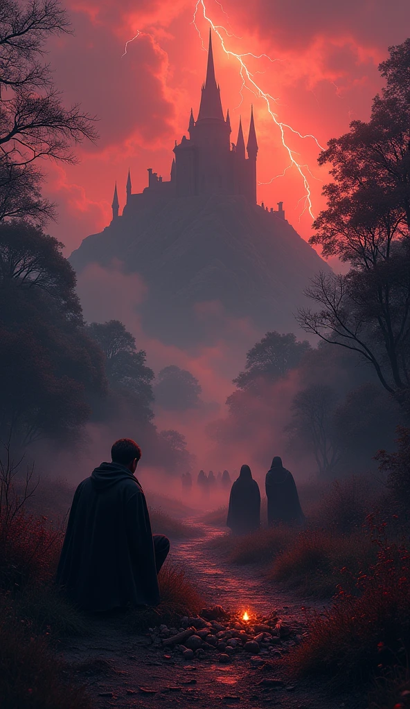 Split scene into two halfs,
(Left half evockes past sad  time, muted colors, blurred figures), ((three crystal goblets fallen and spilling)) red wine. 
(Right half, present happy beautiful future  deep, vivid, intense colors) ((two gold goblets containing crystal-clear water spilling))
Center, a person wearing a robe and hood; his face cannot be seen, standing looking to the left in background castle, river, bridge