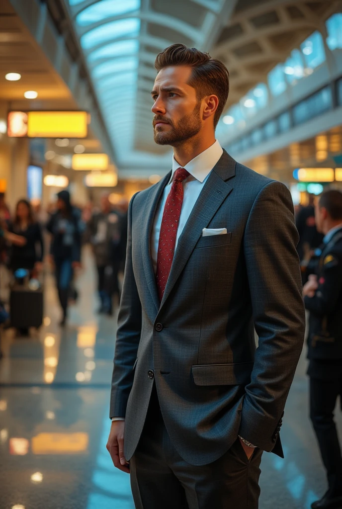 a man in a suit and tie seen from behind, waiting in the airport security line, intricate details, ultra-detailed, photorealistic, cinematic lighting, warm tones, shallow depth of field, carefully observed textures, dynamic composition