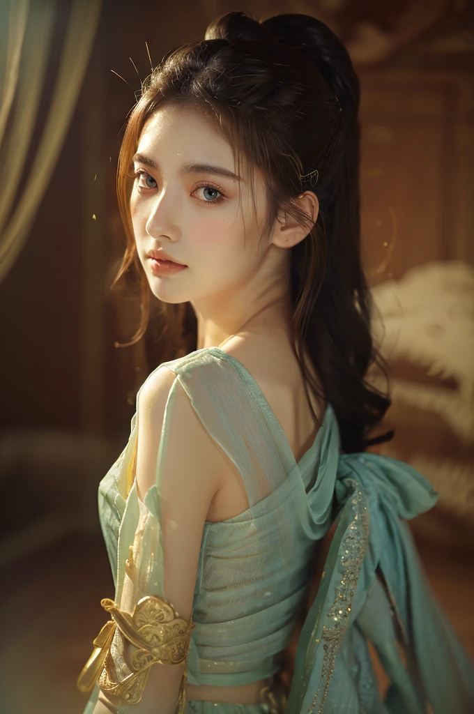 Unbeatable masterpiece, Ultra photo realsisim , Perfect artwork , Intricate details , Best quality , Strong light , High contrast , Dynamic pose , Dutch angle , ((Depth of field:1.8)) , A flower marries a girl , Solo , Highly detailed , Cool image , Beautiful , Dramaticlight , Dramatic angle , Penetrate the eyes , (Realistic) , Black hair ,Jewel eyes , aestheticism , Soft face , Long hair braided ,Beautiful face , Lying petals , floating petal , Falling petals , (Brezel) , Wind , sky , Dusk (The light from the back window is backlighted) , (cropped shoulders , bareshoulders , Bare arms:1.2) , view the viewer , Hanfu ,She wears a cute headdress , Hairpin , applique , Embroidery ,Hua Sheng , Women's hair accessories , eardrop , eardrop , Pearl jade necklace , Colorful