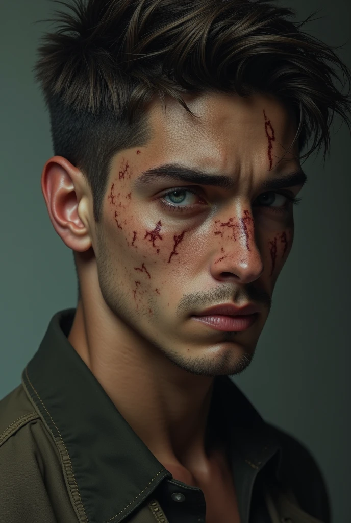 white, teenage man, hot, handsome, wide jawline, big nose, dark eyes, evil eyes, sixpeck, robber, psycopath, veiny hands, dark brow hair, buzz cut, thicker upper lips, square chin, shaved.