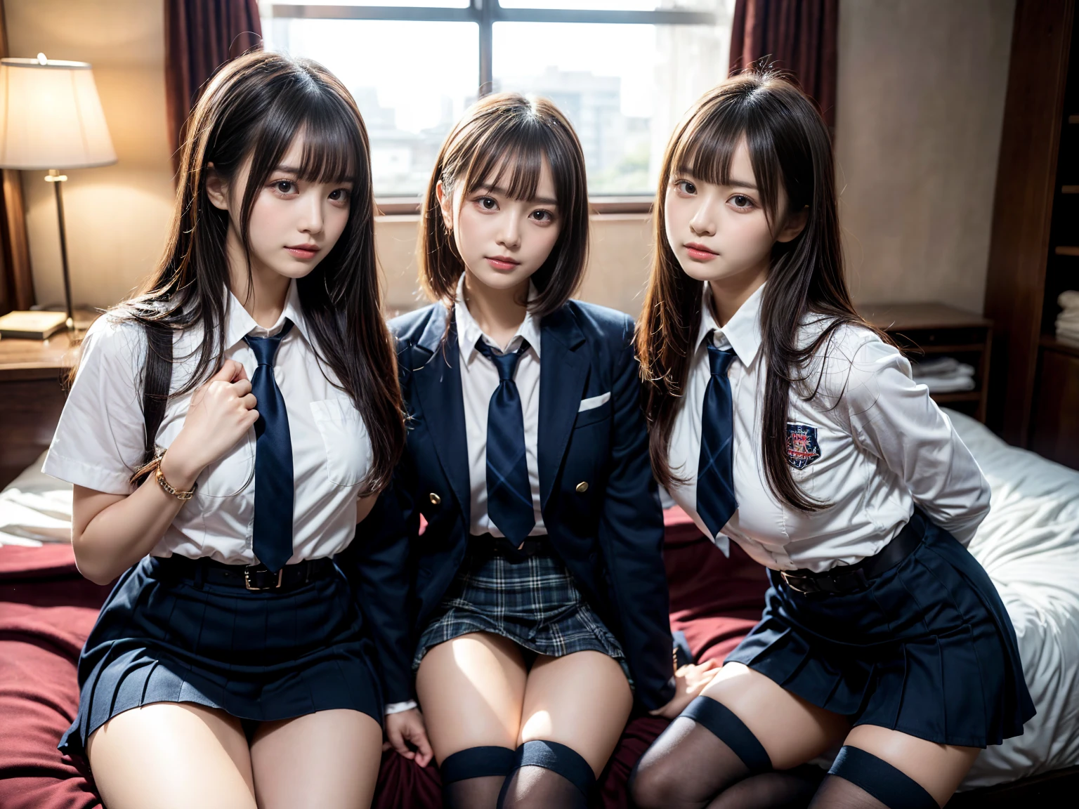 8K, RAW portrait (japanese woman),masterpiece、Photoreal:1.3、realistic, ultra high resolution, highest quality, real life photos ,( in the evening :1.1),
((((2 girls:1.5)))), (((Two girls showing off their panties in the room)))、(cute face:1.3)、日本の2 girls,((2 Japanese high school girls))、((2 real high school girls))、((Japanese high school uniform:1.6))、 blonde,slender body,、in the room、
big, beautiful, fine eyes, black hair,(Depth of written boundary:1.3)、 ((dark brown eyes:1.2))、(realistic skin texture:1.3)、(Immersive atmosphere:0.8、chiaroscuro:1.2) 、(show viewer:1.3)、((smile:1.3))、((from belowの天井:1.2))、((wearing very small silk panties))、((panty shot))、((woman rolling up her skirt))、((from below:1.2))、((close-up of crotch:1.42))、((panty shot))、((spread your legs to the side:1.4))