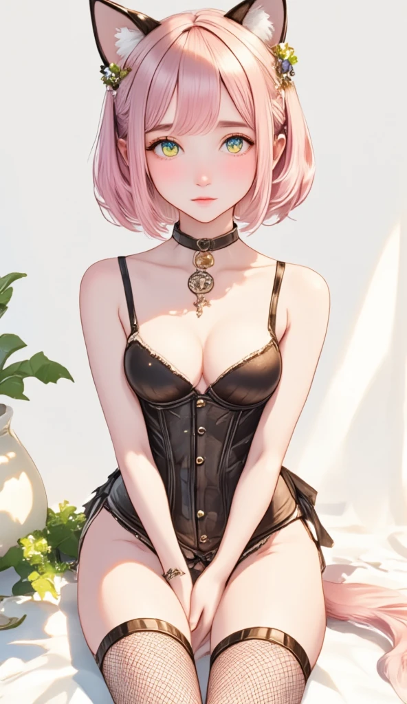  anime style、 Illustration 、Hesitation,(   orgasms  :1.5),Wait for your tongue ,    Light Pink Hair  、 wear a collar 、    elementary school girl 、Very beautiful and   Sparkling Eyes 、  Sparkling Eyes 、1 person、cat ears、((((()))))、heart❤、((sweat、vapor)）、:Bondage Corset, (      fishnet tights    のフルボディスーツ:1.1),       fishnet tights    ,       fishnet tights    , (CRYSTAL CLEAR ASS  :1.1),