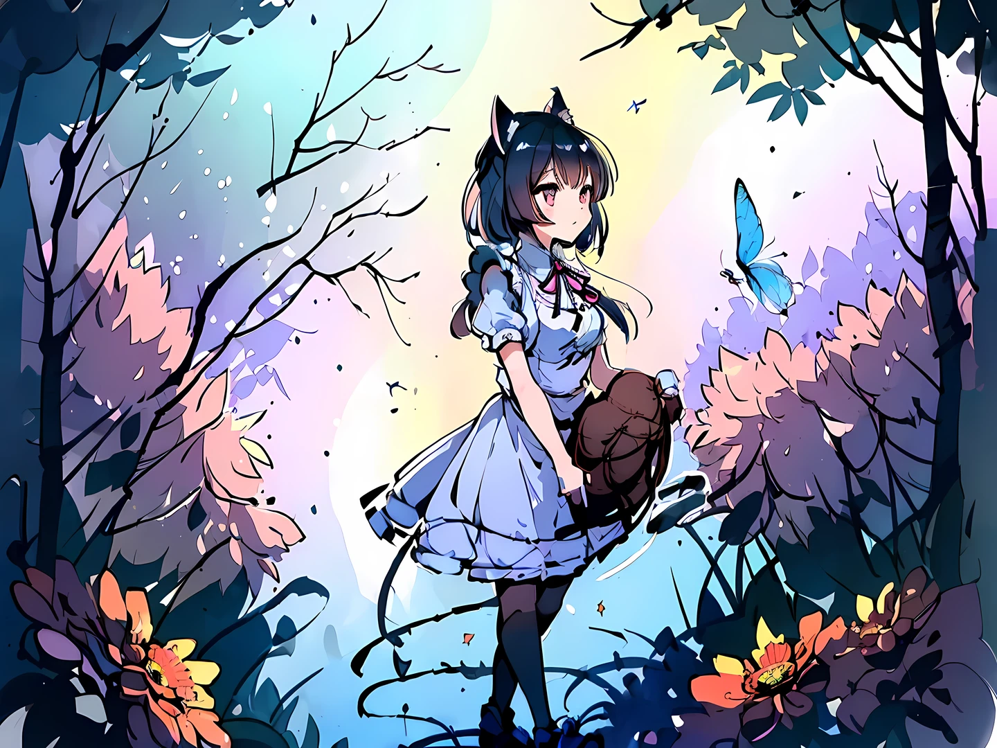 (((Best quality, 8k, Masterpiece: 1.3)), ((best quality)), ((masterpiece)), (detailed), perfect face, A charming girl dressed as a maid with cat ears, gracefully playing in a lush garden filled with vibrant flowers. She is joyfully chasing a butterfly, her movements elegant and lively. The scene is bathed in soft sunlight, with gentle shadows cast by the trees. Her maid outfit is detailed with lace and ribbons, and her cat ears are fluffy and expressive. The butterfly is brightly colored, fluttering just out of her reach, adding a sense of playful motion to the scene. The background features blooming flowers, a wooden bench, and a stone path, creating a peaceful and enchanting atmosphere