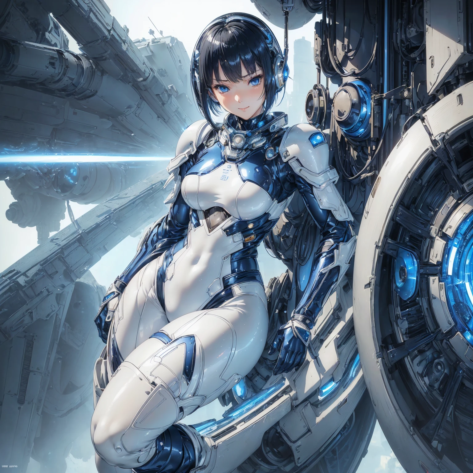 (masterpiece、Highest quality、Highest Resolution、Clear_image、Detailed details、Angle from above): (Whole body、One 20 year old girl、Japanese Faces、Small Face、Slender、Navy blue super short bob cut hair、(Hidden small breasts:1.3)、Sparkling blue eyes、Shiny pilot suit in blue and black colors、Chest protection armor、Tight fitting clothes、Clothing that covers the whole body、Glamorous clothes、Tight Fit Pants、Hide your skin、Very delicate and beautiful、Detailed Skin、hide thighs、Hide your ass、Cute、A gentle smile、Soft expression、heroine、headset、Knee-high boots、Elbow-length gloves、Eye Level Shot、Face directly、Woman on a spaceship)