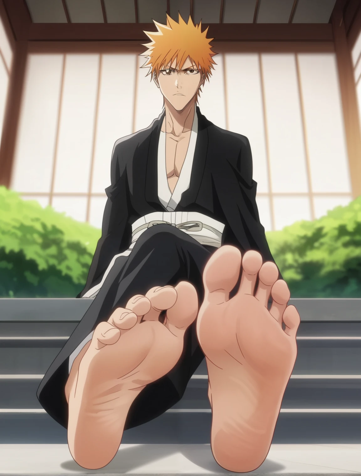 score_9, score_8_up, source_anime,
1boy, Kurosaki Ichigo, bleach, slender, untoned, orange hair, brown eyes, messy hair, loose-fitting black kimono, white inner garment, white obi,  wide and flowing black pants, alone, looking at viewer, sitting on the ground, cowboy shot, ANIME SCREENCAP, anime coloring, in a garden, barefoot, perfect feet, anatomically correct, soles, low angle, focal length 35mm, each foot has five toes, front, symmetrical soles, foot focus, crossed legs