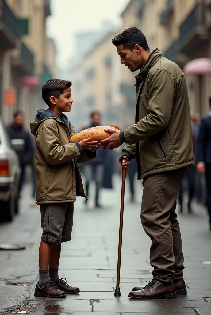Generate a picture with a cafe in the background
In the picture show an employee of the same restaurant throwing solid food into the trash cans and two poor starving kids picking up fallen food and eating it