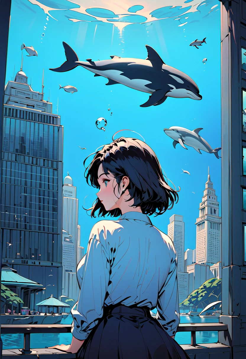 (Masterpiece, BestQuality:1.2),(Masterpiece, BestQuality:1.2),1girl, fish, solo, short-hair, skirt, from behind,whale, building, dolphin, shirt, scenery, black hair, surreal, blue theme, city, aquarium, skyscraper, long sleeves, facing away, bubble,