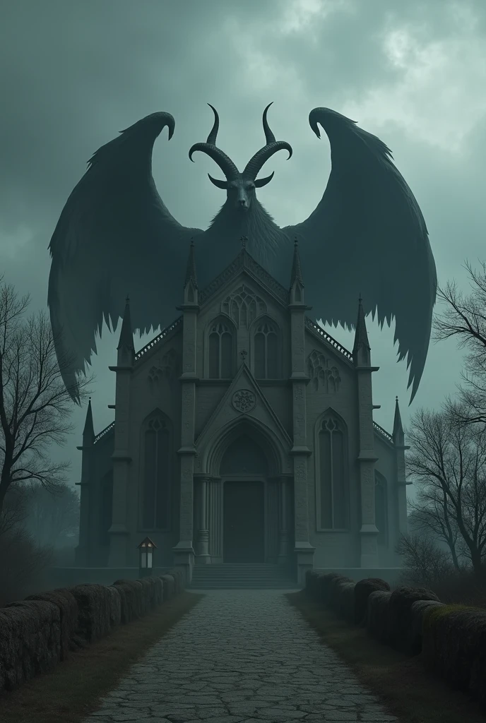 somber Cathedral in a cloudy environment with a satanic goat (like Lucifer) prominent from behind with a posture as if to put (The chair looks quite )