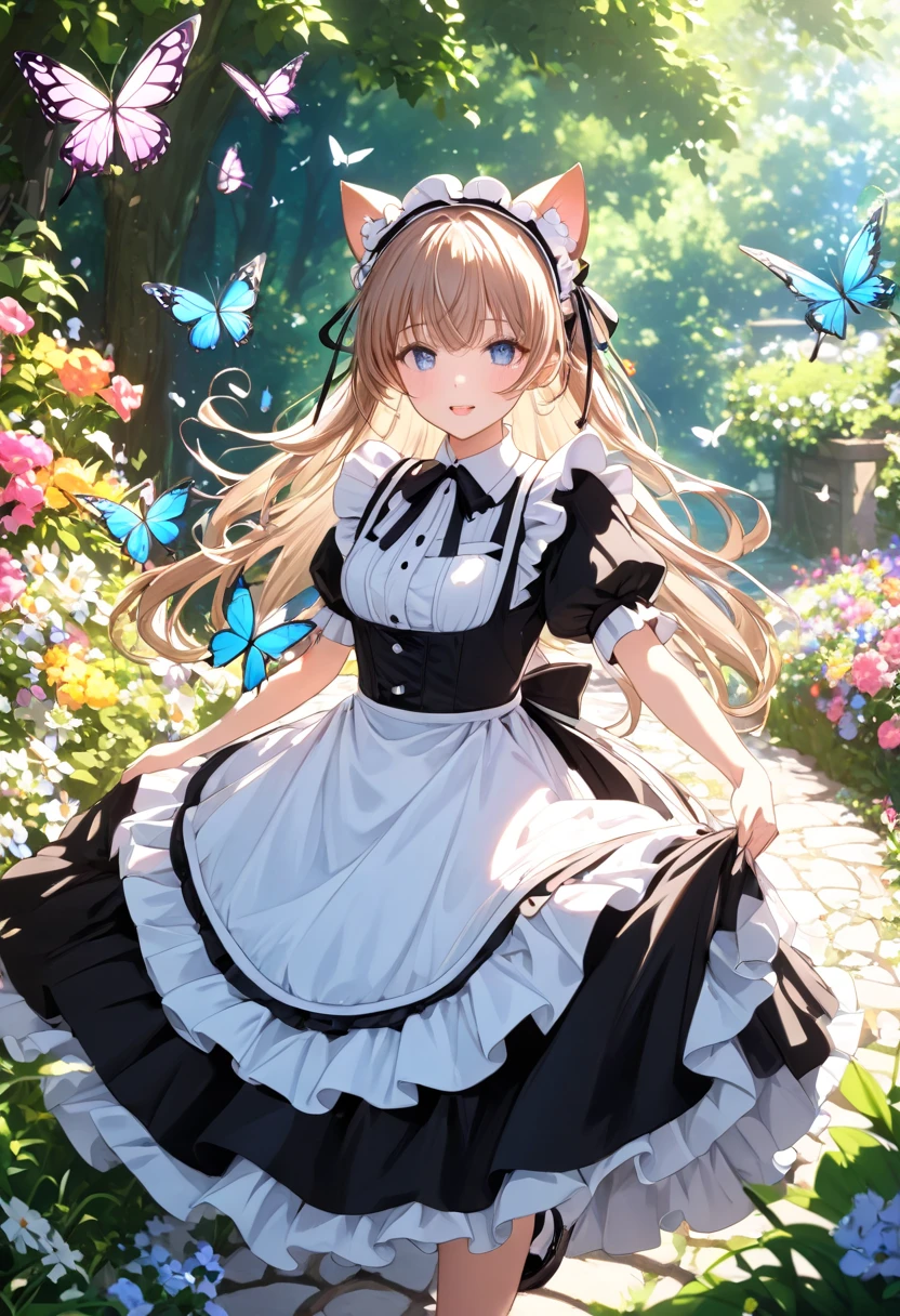 (((Best quality, 8k, Masterpiece: 1.3)), ((best quality)), ((masterpiece)), (detailed), perfect face, A charming girl dressed as a maid with cat ears, gracefully playing in a lush garden filled with vibrant flowers. She is joyfully chasing a butterfly, her movements elegant and lively. The scene is bathed in soft sunlight, with gentle shadows cast by the trees. Her maid outfit is detailed with lace and ribbons, and her cat ears are fluffy and expressive. The butterfly is brightly colored, fluttering just out of her reach, adding a sense of playful motion to the scene. The background features blooming flowers, a wooden bench, and a stone path, creating a peaceful and enchanting atmosphere