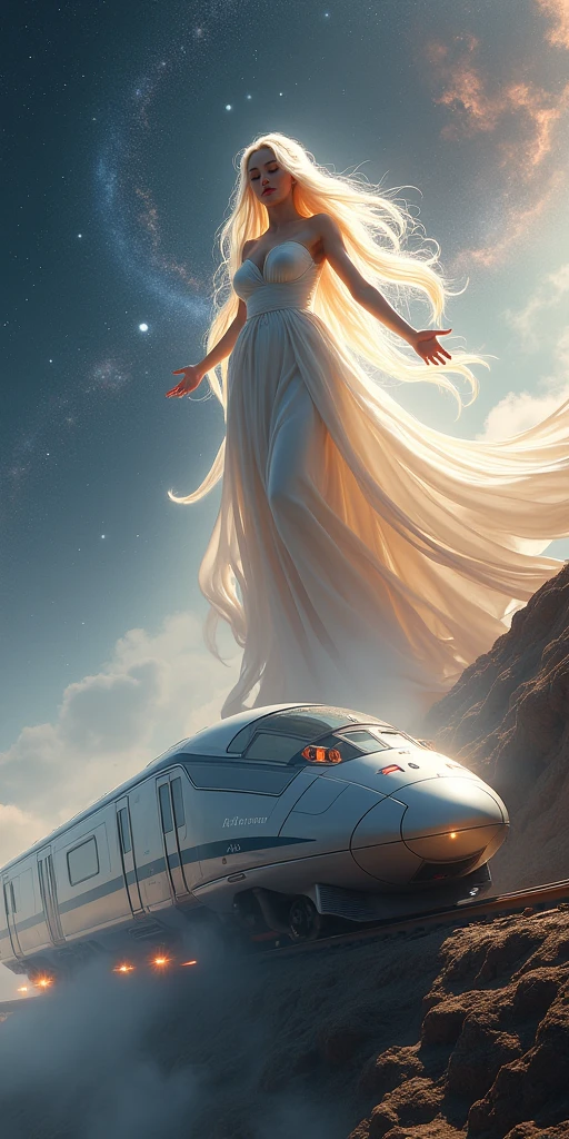 The background is outer space, a busty goddess on the top half of the screen, A sci-fi train on the bottom half of the screen,